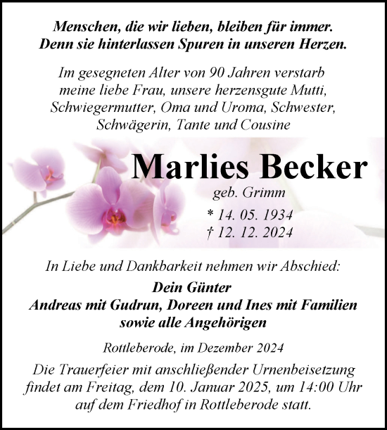 Traueranzeige von Marlies Becker von Mitteldeutsche Zeitung Sangerhausen
