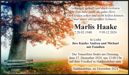 Traueranzeige von Marlis Haake von Volksstimme Haldensleben/Wolmirstedt