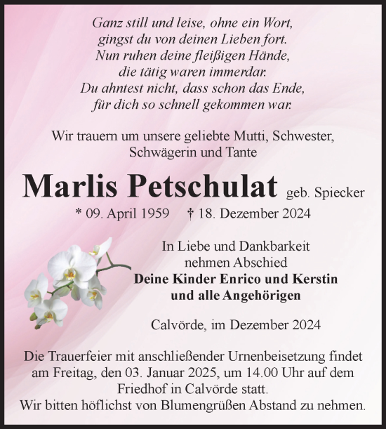 Traueranzeige von Marlis Petschulat von Volksstimme Haldensleben/Wolmirstedt
