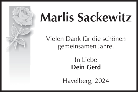 Traueranzeige von Marlis Sackewitz von Volksstimme Altmark Ost
