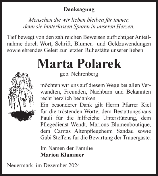 Traueranzeige von Marta Polarek von Volksstimme Altmark Ost
