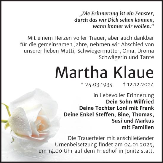 Traueranzeige von Martha Klaue von Trauerkombi Dessau