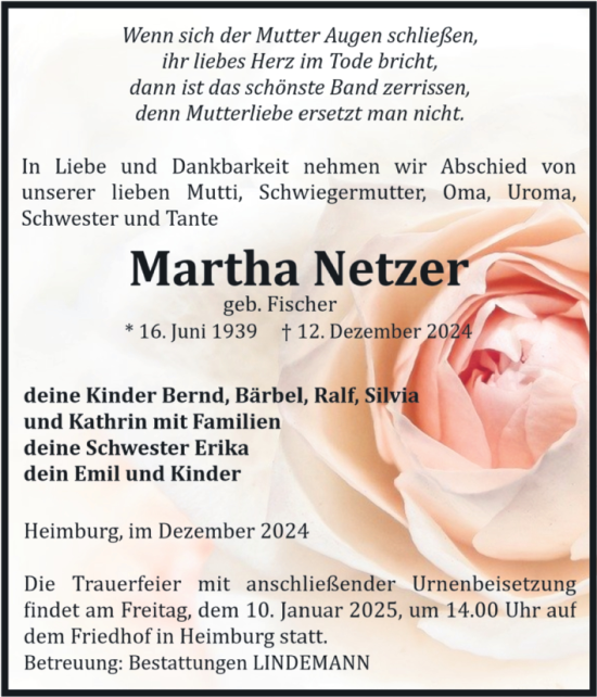 Traueranzeige von Martha Netzer von Volksstimme Wernigerode
