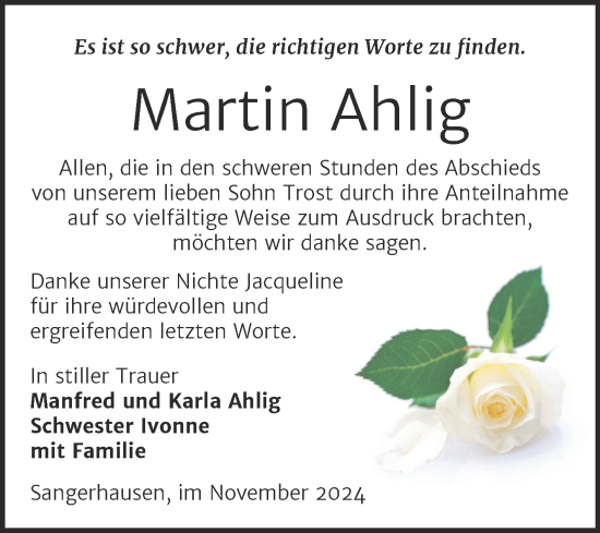 Traueranzeige von Martin Ahlig von Trauerkombi Sangerhausen