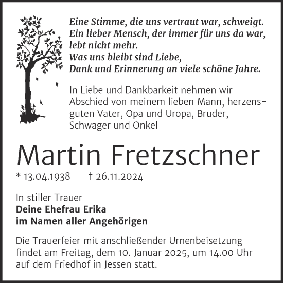 Traueranzeige von Martin Fretzschner von Trauerkombi Wittenberg