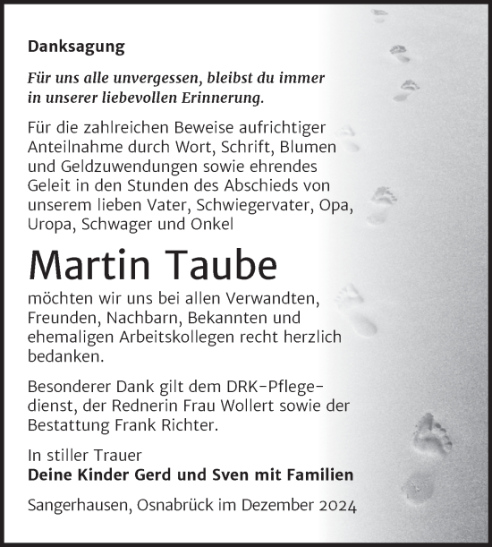 Traueranzeige von Martin Taube von Trauerkombi Sangerhausen