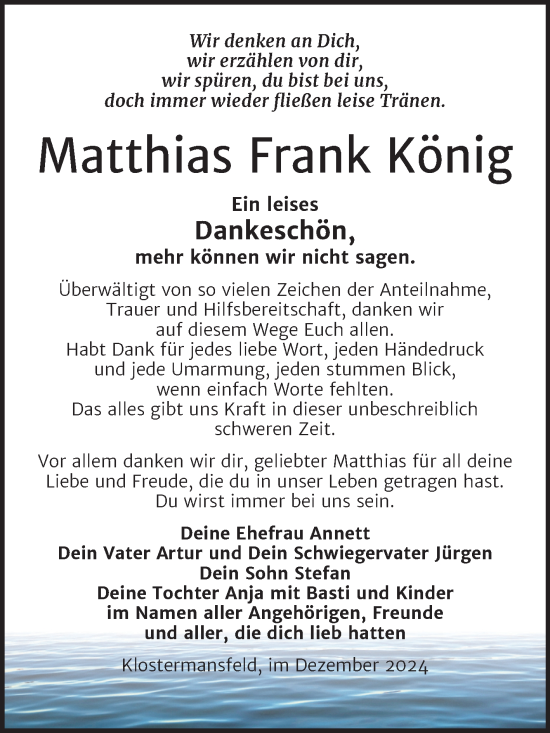 Traueranzeige von Matthias Frank König von Trauerkombi Mansfelder Land