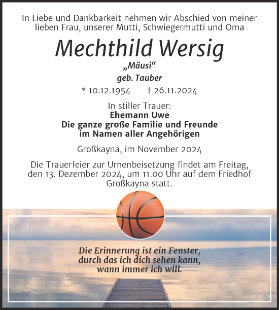 Traueranzeige von Mechthild Wersig von Trauerkombi Merseburg