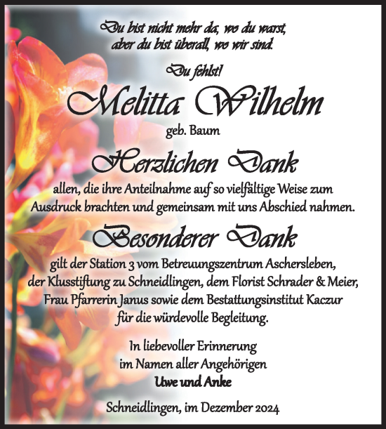 Traueranzeige von Melitta Wilhelm 