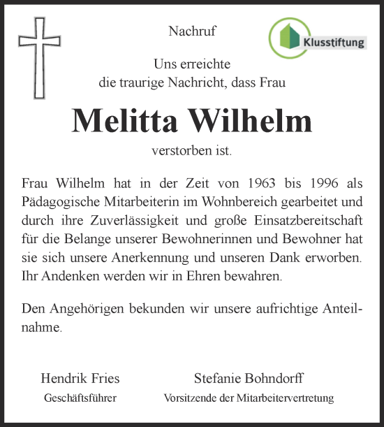 Traueranzeige von Melitta Wilhelm von Volksstimme Staßfurt