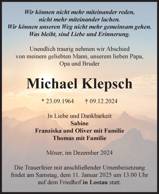 Traueranzeige von Michael Klepsch von Volksstimme Burg/Genthin