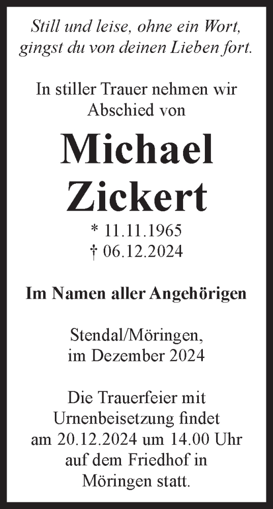 Traueranzeige von Michael Zickert von Volksstimme Altmark Ost