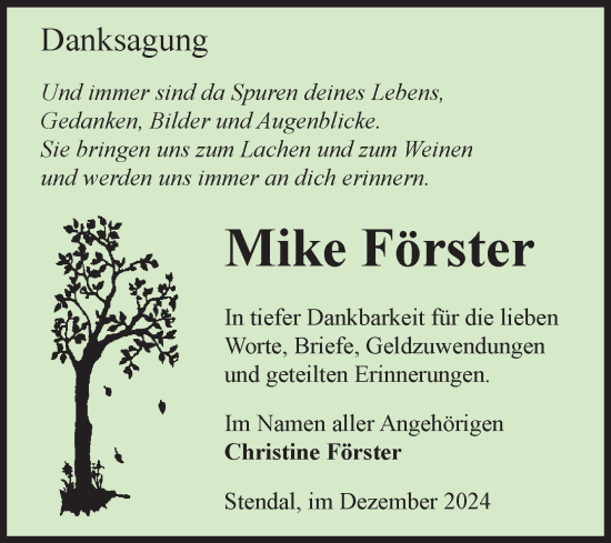 Traueranzeige von Mike Förster von Volksstimme Altmark Ost