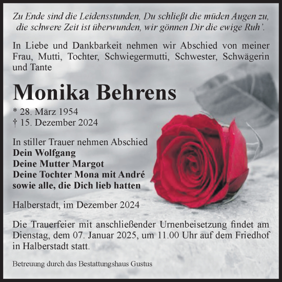Traueranzeige von Monika Behrens von Volksstimme Halberstadt