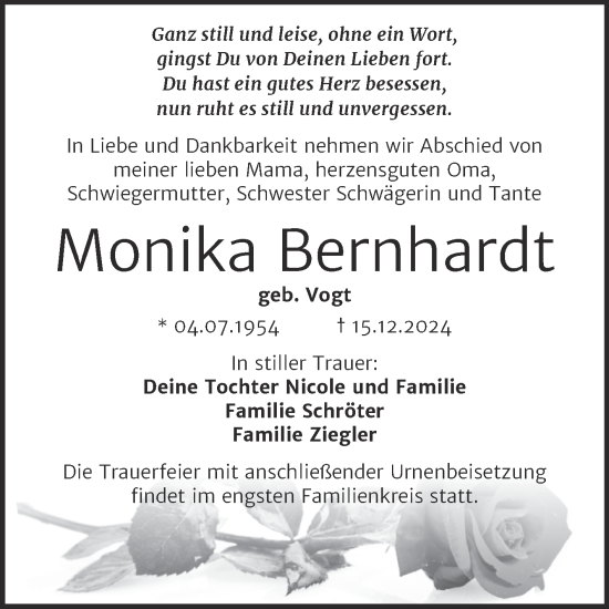 Traueranzeige von Monika Bernhardt von Trauerkombi Wittenberg