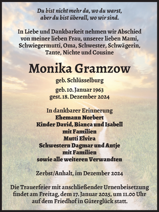 Traueranzeige von Monika Gramzow von Volksstimme Zerbst
