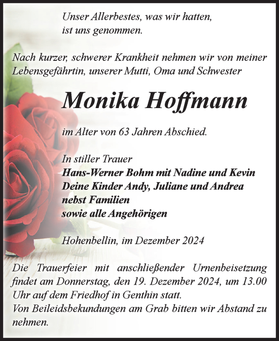 Traueranzeige von Monika Hoffmann von Volksstimme Burg/Genthin