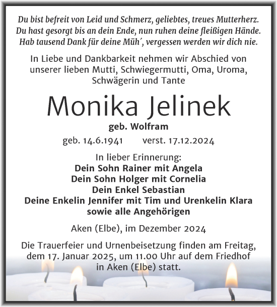 Traueranzeige von Monika Jelinek von Trauerkombi Köthen
