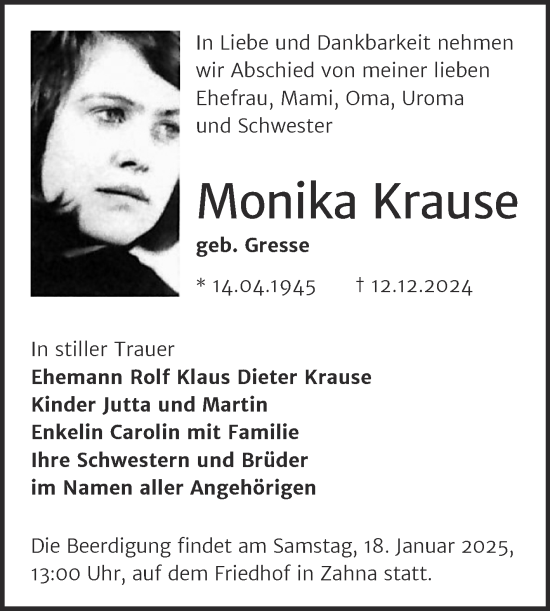 Traueranzeige von Monika Krause von Trauerkombi Wittenberg