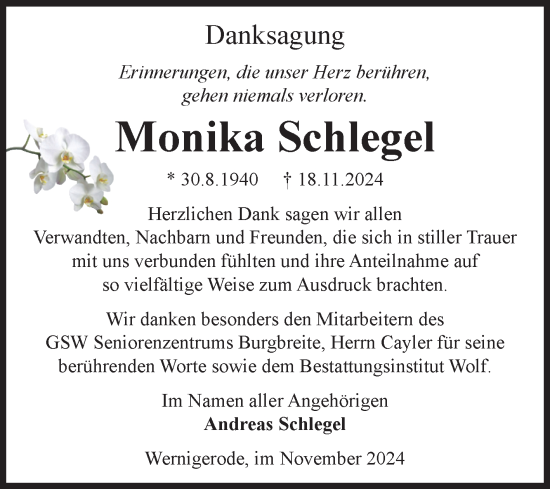 Traueranzeige von Monika Schlegel von Volksstimme Wernigerode