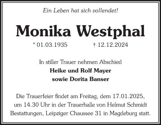 Traueranzeige von Monika Westphal von Volksstimme Magdeburg