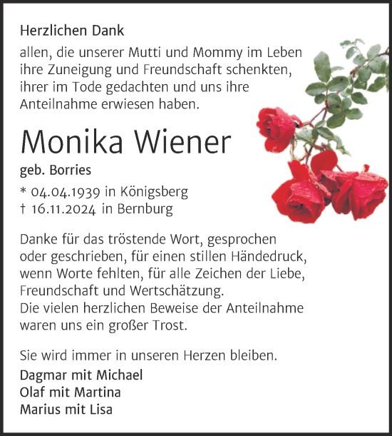 Traueranzeige von Monika Wiener von Trauerkombi Bernburg