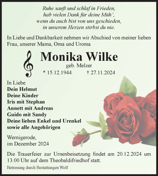 Traueranzeige von Monika Wilke von Volksstimme Wernigerode