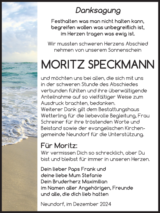 Traueranzeige von Moritz Speckmann 