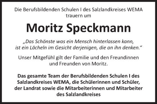 Traueranzeige von Moritz Speckmann von Volksstimme Staßfurt