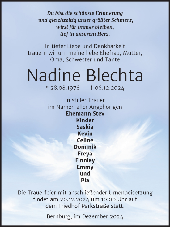 Traueranzeige von Nadine Blechta von Trauerkombi Bernburg