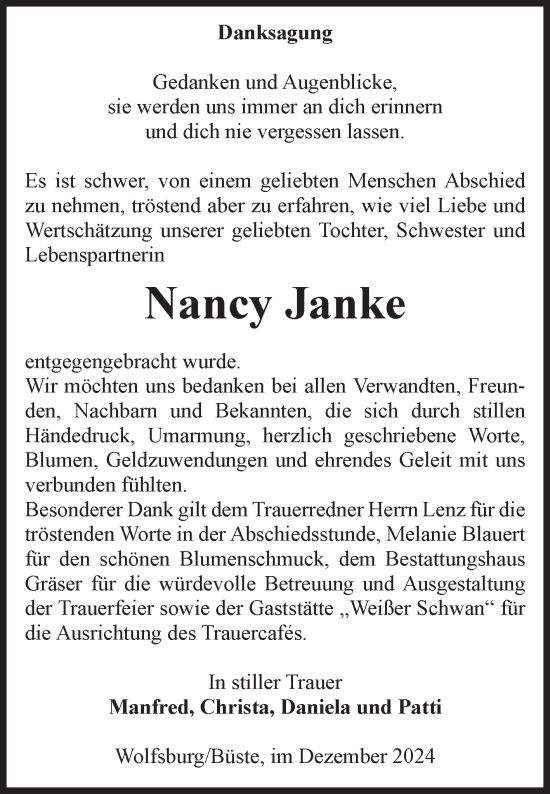 Traueranzeige von Nancy Janke von Volksstimme Altmark Ost