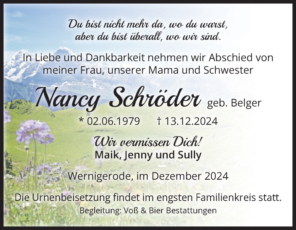  Traueranzeige für Nancy Schröder vom 21.12.2024 aus Volksstimme Wernigerode