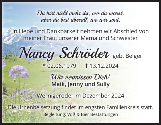 Traueranzeige von Nancy Schröder von Volksstimme Wernigerode