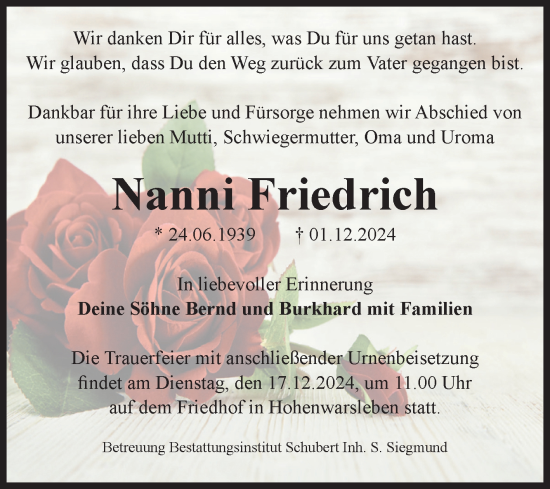 Traueranzeige von Nanni Friedrich von Volksstimme Haldensleben/Wolmirstedt