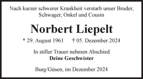 Traueranzeige von Norbert Liepelt von Volksstimme Burg/Genthin