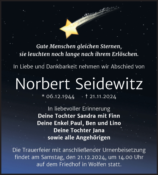 Traueranzeige von Norbert Seidewitz von Trauerkombi Bitterfeld