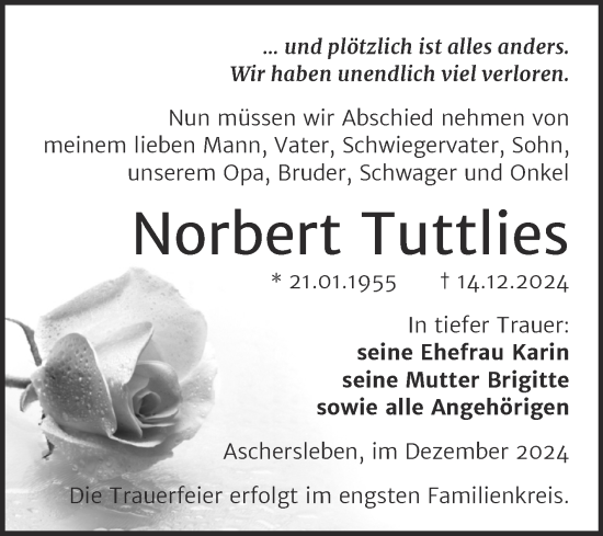 Traueranzeige von Norbert Tuttlies von Trauerkombi Aschersleben