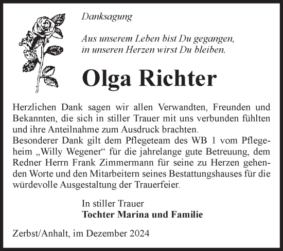 Traueranzeige von Olga Richter von Volksstimme Zerbst