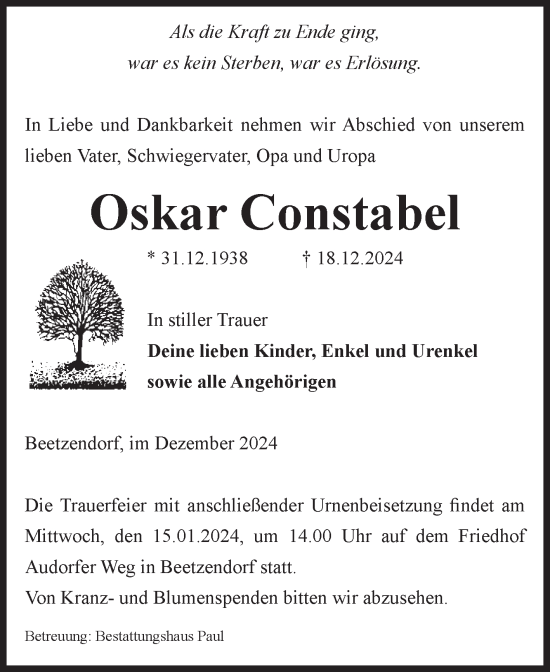 Traueranzeige von Oskar Constabel von Volksstimme Altmark West