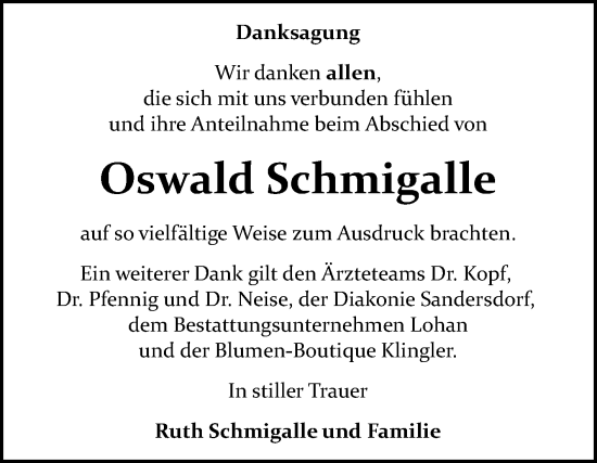 Traueranzeige von Oswald Schmigalle von Trauerkombi Bitterfeld
