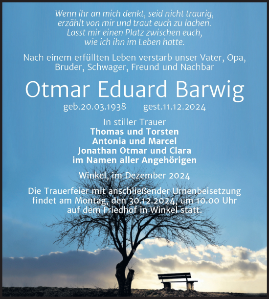 Traueranzeige von Otmar Eduard Barwig von Trauerkombi Sangerhausen