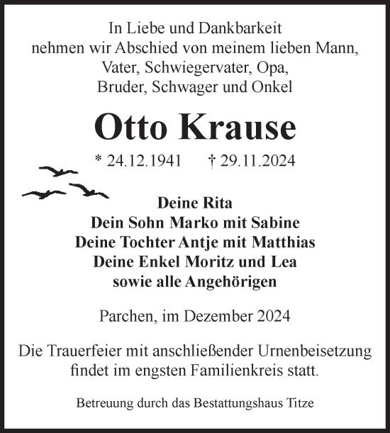 Traueranzeige von Otto Krause von Volksstimme Burg/Genthin