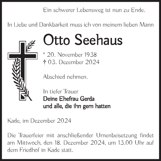 Traueranzeige von Otto Seehaus von Volksstimme Burg/Genthin