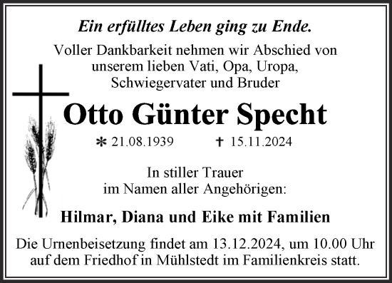 Traueranzeige von Otto Günter Specht von Trauerkombi Dessau