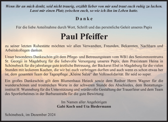 Traueranzeige von Paul Pfeiffer von Volksstimme Schönebeck
