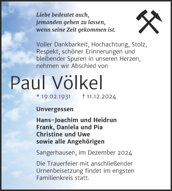 Traueranzeige von Paul Völkel von Trauerkombi Sangerhausen