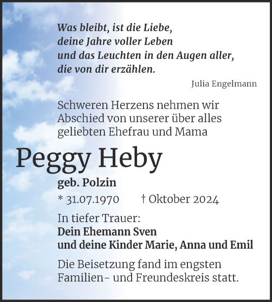 Traueranzeige von Peggy Heby von Mitteldeutsche Zeitung Halle/Saalkreis