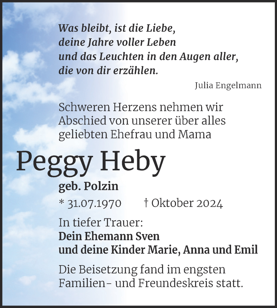  Traueranzeige für Peggy Heby vom 07.12.2024 aus Mitteldeutsche Zeitung Halle/Saalkreis