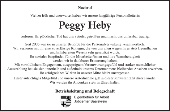 Traueranzeige von Peggy Heby von Mitteldeutsche Zeitung Regionalausgabe Mitte