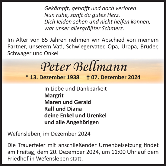 Traueranzeige von Peter Bellmann von Volksstimme Oschersleben/Wanzleben